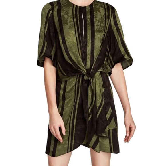Zara Tie Knot Jacquard Satin Green Black Mini Wrap Striped Retro Dress Sz Large - Picture 2 of 13